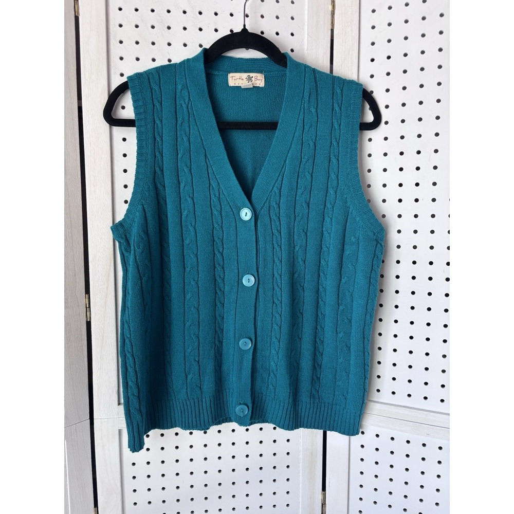 Turtle Bay Turquoise Teal Cable Knit Sweater Vest Women M Preppy Acrylic
